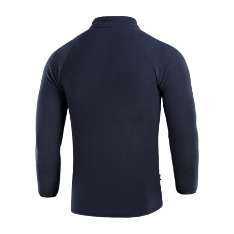 Bagsiden af M-Tac Delta Polartec Raglan Jakke i marineblå med raglan-ærmer, lavet af Micro Series fleece fra Polartec.