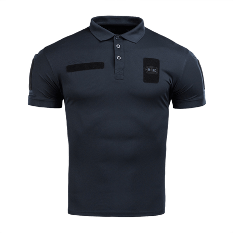 M-Tac Polo Elite Tactical Coolmax i mørkeblå, designet til politi og sikkerhedsarbejde, lavet af 50% polyester og 50% Coolmax® materialer.