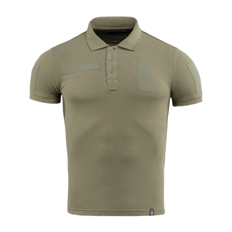 M-Tac Tactical Polo Shirt 65/35 i olivengrøn med velcro-paneler, perfekt til politi og sikkerhed, bomuld-polyester blanding for komfort og holdbarhed.