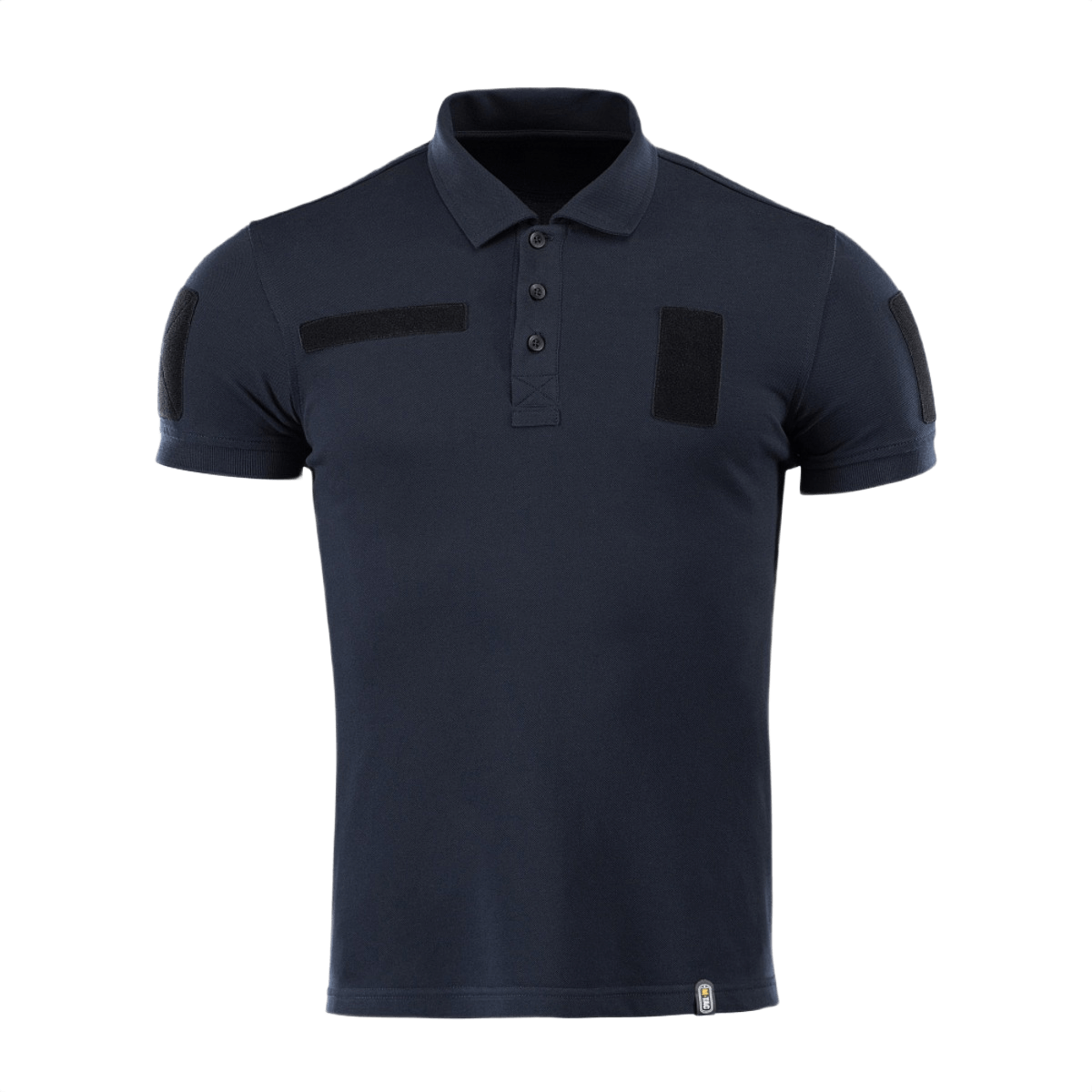 M-Tac Tactical Polo Shirt 65/35 i mørkeblå med velcro-paneler, ideel til politi og sikkerhedsarbejde, lavet af 65% bomuld og 35% polyester.