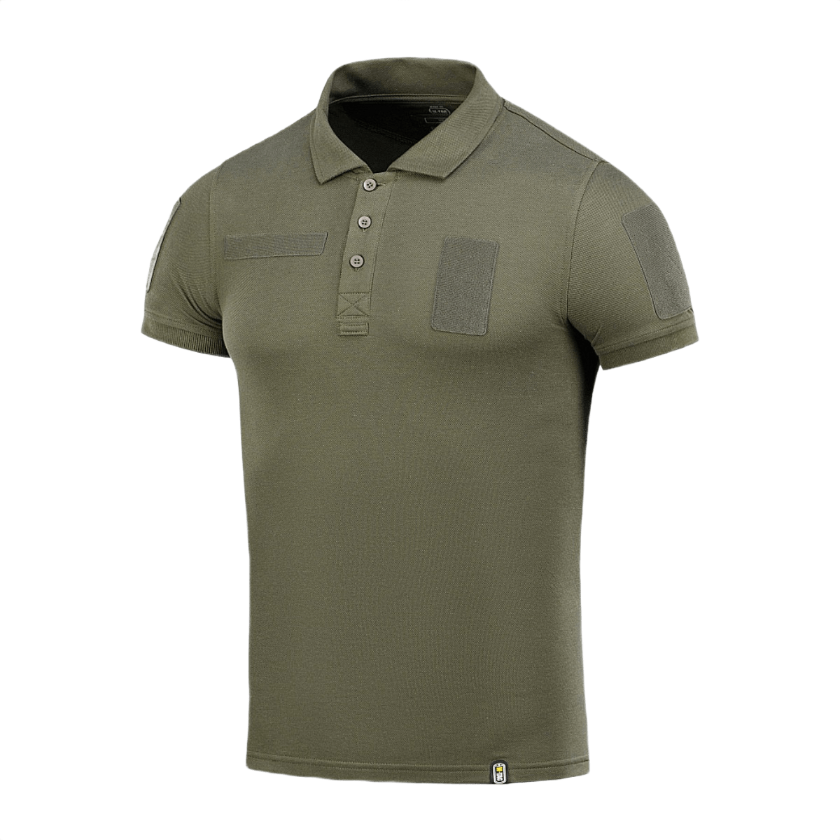 M-Tac Tactical Polo Shirt 65/35 i olivengrøn med velcro-paneler, designet til politi og sikkerhed, bomuld/polyester blanding.