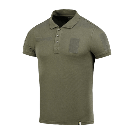 M-Tac Tactical Polo Shirt 65/35 i olivengrøn med velcro-paneler, designet til politi og sikkerhed, bomuld/polyester blanding.