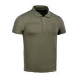 M-Tac Tactical Polo Shirt 65/35 i olivengrøn med velcro-paneler, perfekt til politiets og sikkerhedspersonales uniformer, lavet af 65% bomuld, 35% polyester.