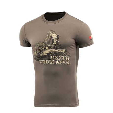 M-Tac Sniper T-shirt med teksten 'Death From Afar', fremstillet af 93% bomuld og 7% elastan for komfort og holdbarhed.