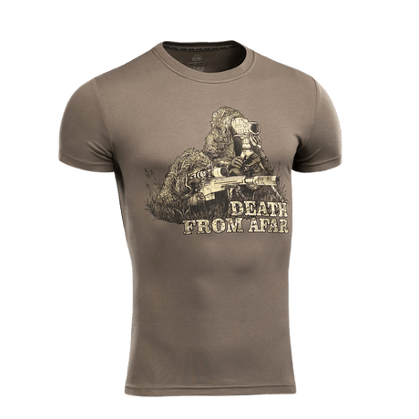 M-Tac Sniper T-shirt med "Death From Afar" print, 93% bomuld og 7% elastan, perfekt til hverdagsbrug og udendørs aktiviteter.