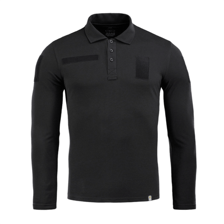 M-Tac Tactical Polo Shirt Langærmet 65/35 i sort, designet til politi- og sikkerhedsarbejde med velcro-paneler, langærmet for ekstra beskyttelse.