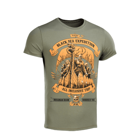 M-Tac T-shirt Black Sea Expedition i olivengrøn med premium print, lavet af 93% bomuld og 7% elastan, ideel til aktive livsstile.