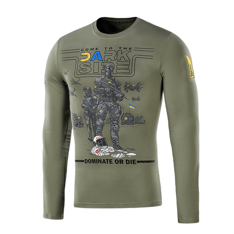 M-Tac T-Shirt UA Side Langærmet med militær motiv og "Dominate or Die" tekst, komfortabel bomuldsblanding, olivengrøn farve