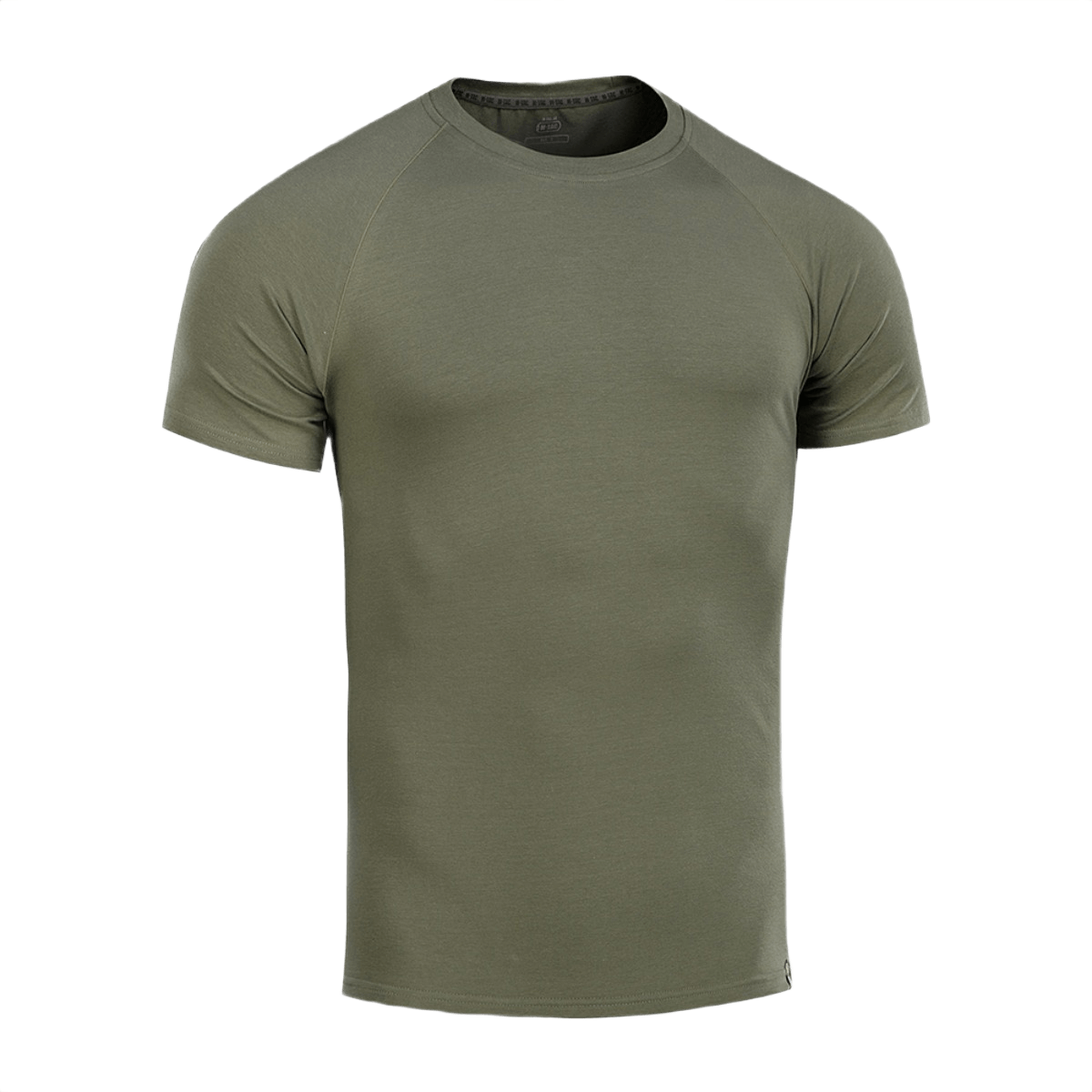 M-Tac Raglan T-Shirt 93/7 i olivengrøn med raglanærmer, lavet af 93% bomuld og 7% elastan for optimal komfort og bevægelighed.