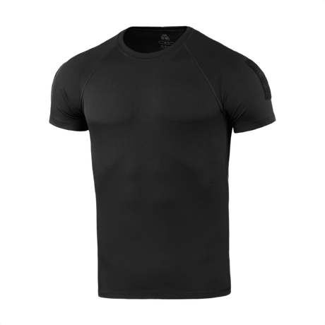 M-Tac T-Shirt Raglan Sweat-Wicking Tactical Summer, sort t-shirt med raglanærmer, perfekt til varme dage og fysisk aktivitet, set forfra.