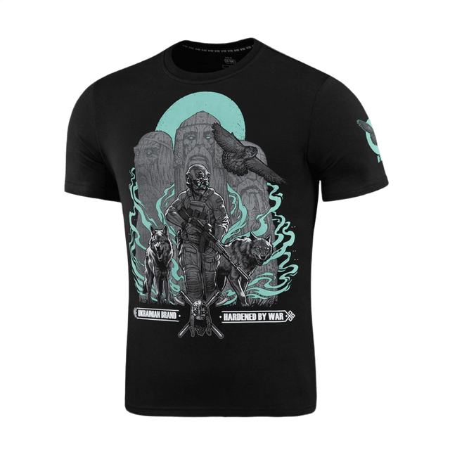 M-Tac T-Shirt Our Land med moderne militærmand, ugle og ulv, symboler på ukrainsk styrke og historie.