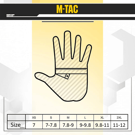 M-Tac Handsker Scout Tactical størrelsesguide med handskemål og størrelsesangivelser fra XS til 2XL.