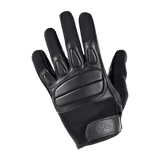 M-Tac Handsker Assault Tactical Mk.2 i sort læder med støddæmpende fingerindsatser og justerbar velcro, ideel til beskyttelse og komfort.