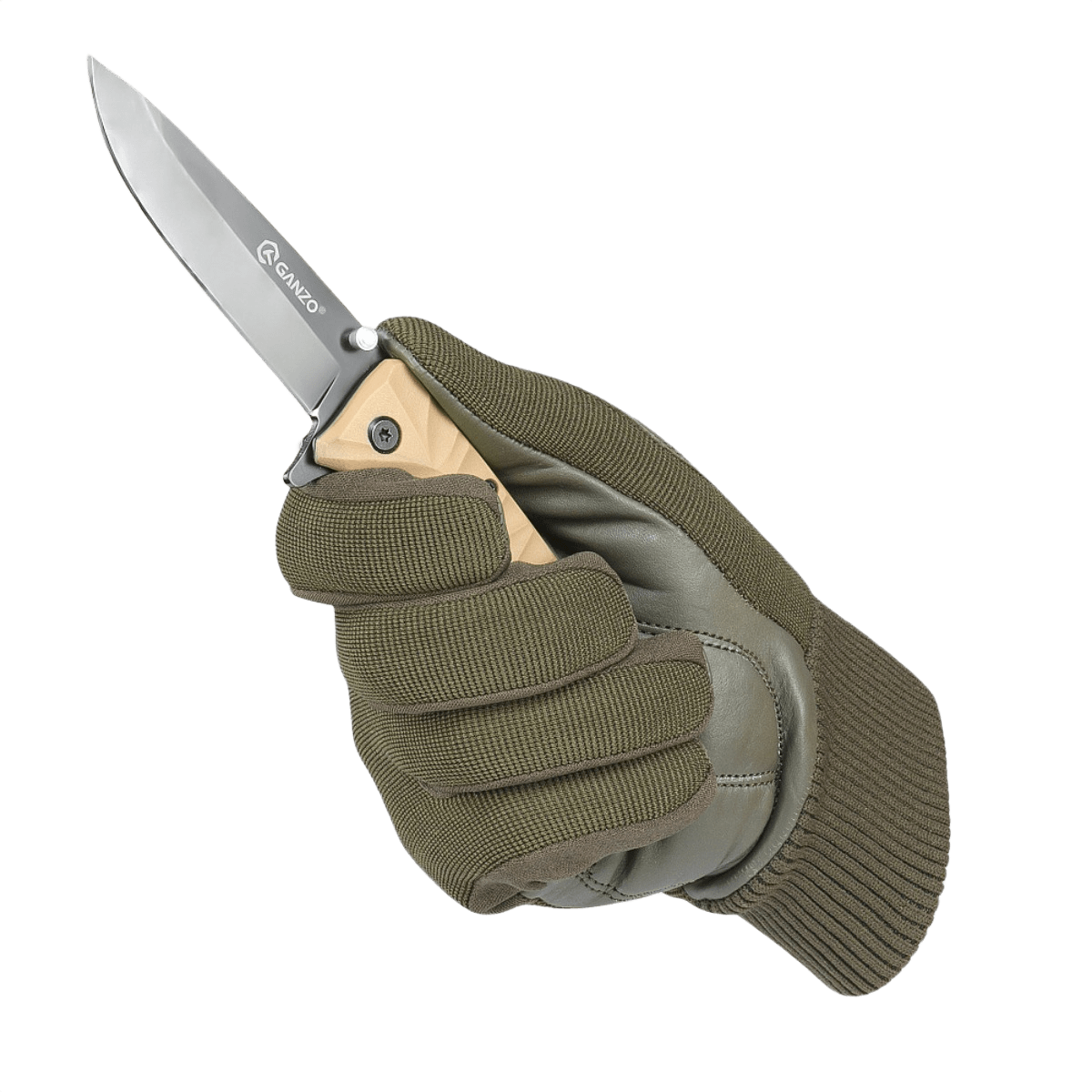 M-Tac Handsker Assault Tactical Mk.8 holder en lommekniv i hånden, designet til taktiske situationer og komfort under brug.