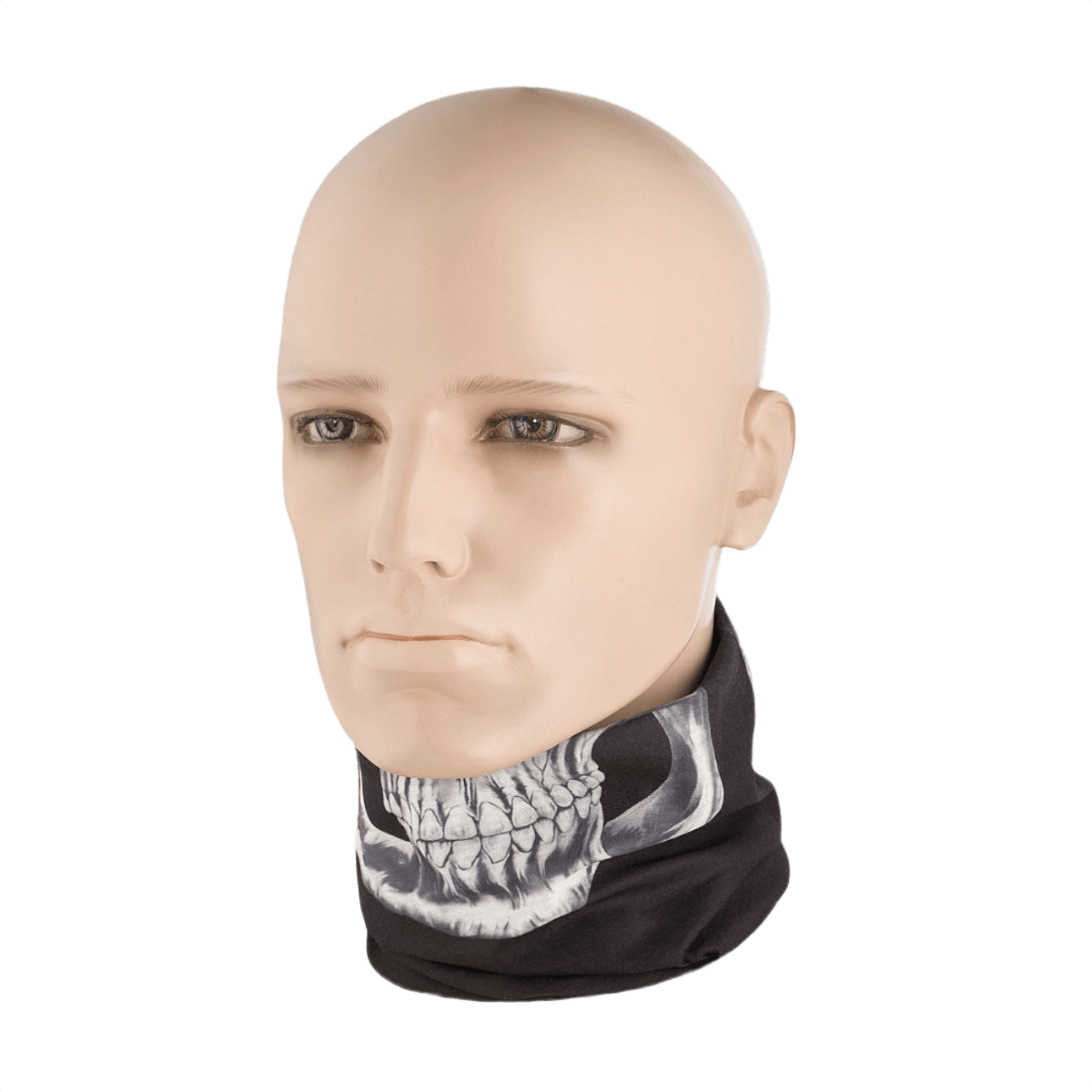 M-Tac Let Tubehalstørklæde Reaper Skull på mannequin, multifunktionelt og hurtigtørrende polyester tilbehør til airsoft og cykling.