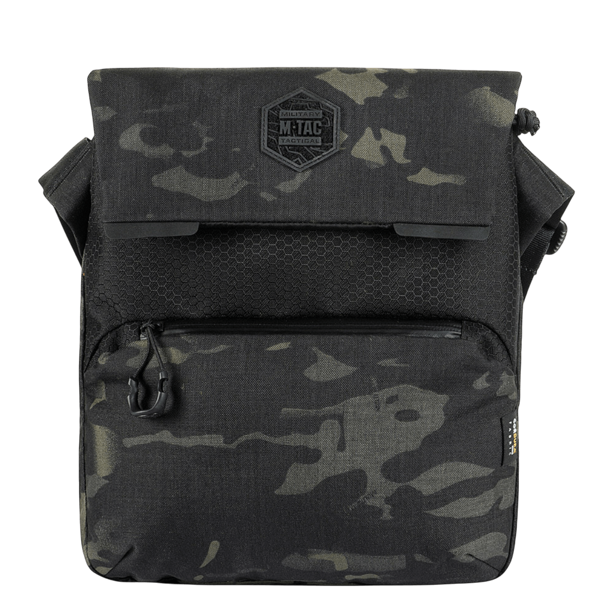 M-Tac Konvert Taske Elite i sort camo med justerbar skulderrem og slidstærkt Cordura materiale, perfekt til alsidig brug