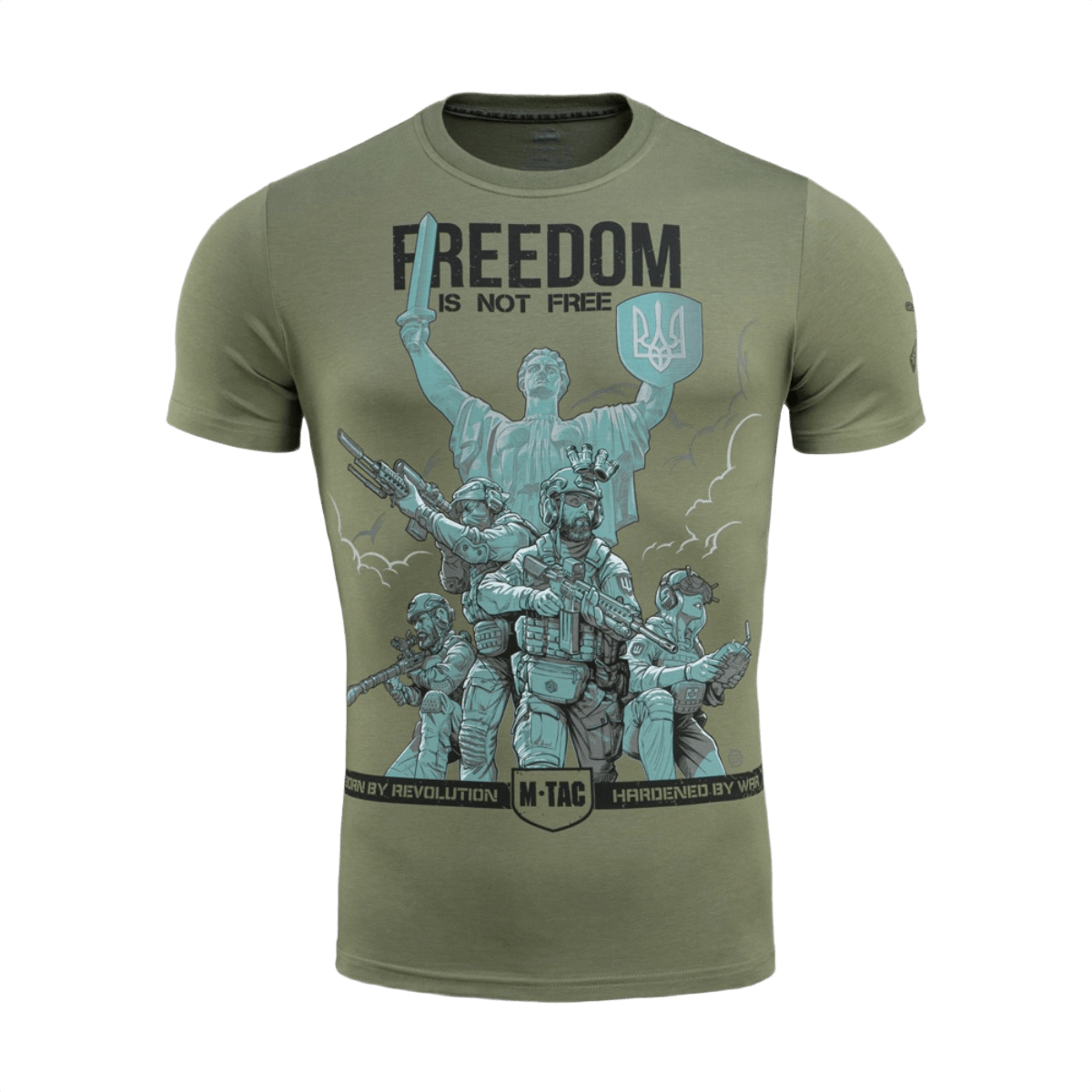 M-Tac T-Shirt Freedom med ikonisk print af militærpersonel, der symboliserer styrke og mod, hylder ukrainsk ukuelighed.