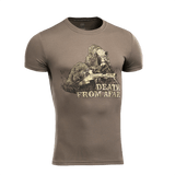 M-Tac Sniper T-shirt med "Death From Afar" print, 93% bomuld og 7% elastan, perfekt til hverdagsbrug og udendørs aktiviteter.