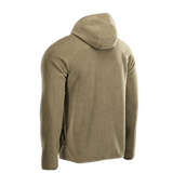 Bagside af M-Tac Lite Microfleece Hættetrøje i khaki farve med hætte, designet til komfort og bevægelsesfrihed.