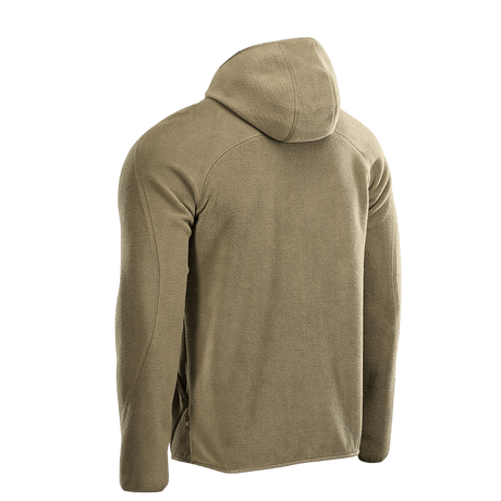 Bagside af M-Tac Lite Microfleece Hættetrøje i khaki farve med hætte, designet til komfort og bevægelsesfrihed.