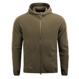 M-Tac Lite Microfleece Hættetrøje i armygrøn med lynlås og hætte, lavet af let, elastisk mikrofleece for komfort og bevægelsesfrihed.