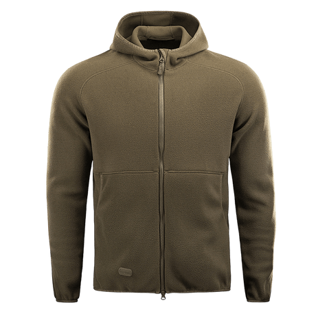 M-Tac Lite Microfleece Hættetrøje i armygrøn med lynlås og hætte, lavet af let, elastisk mikrofleece for komfort og bevægelsesfrihed.
