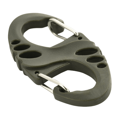 M-Tac Plast S-Krog Karabinhage i plast og stål til nøgler og let udstyr, 50 mm kompakt design, ikke til tunge genstande eller klatring.