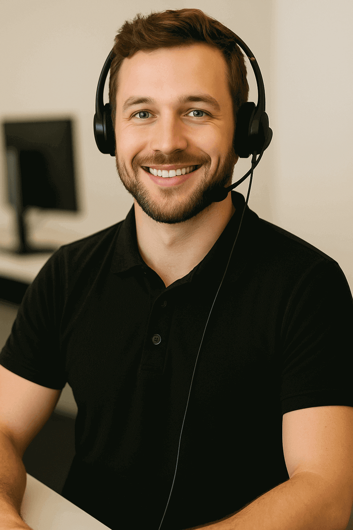 Mand i sort polo med headset smiler foran computer, professionelt arbejdsområde, kundeservice