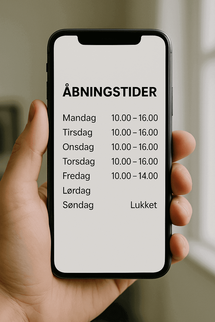 Billedet viser en smartphone med åbningstider fra mandag til fredag fra 10-16 og lørdag fra 10-14. Søndag lukket.