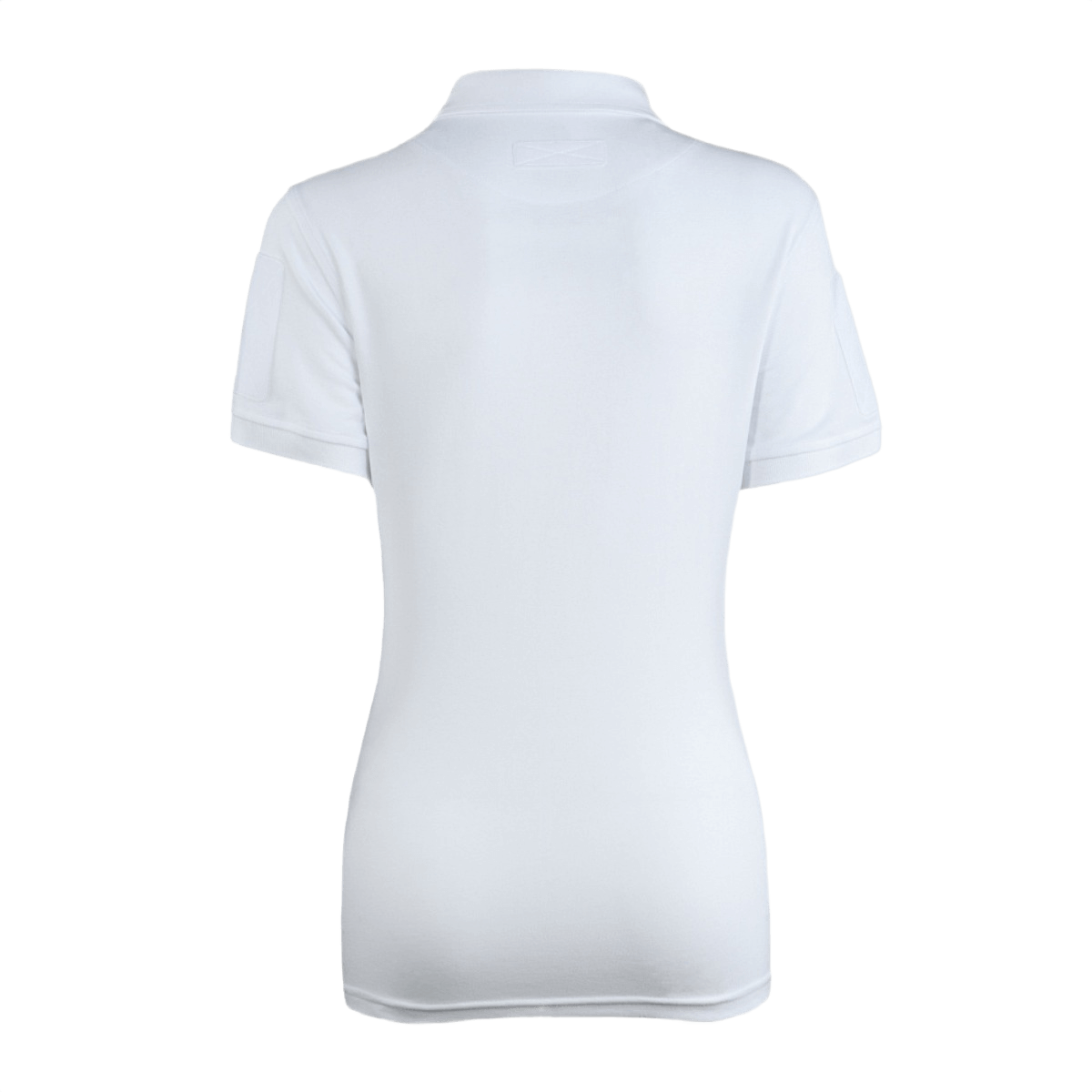 M-Tac Tactical Polo-Shirt 65/35 Lady - hvid kvindelig service-polo af bomulds-polyester blanding, set bagfra med velcroplads på ærmerne.