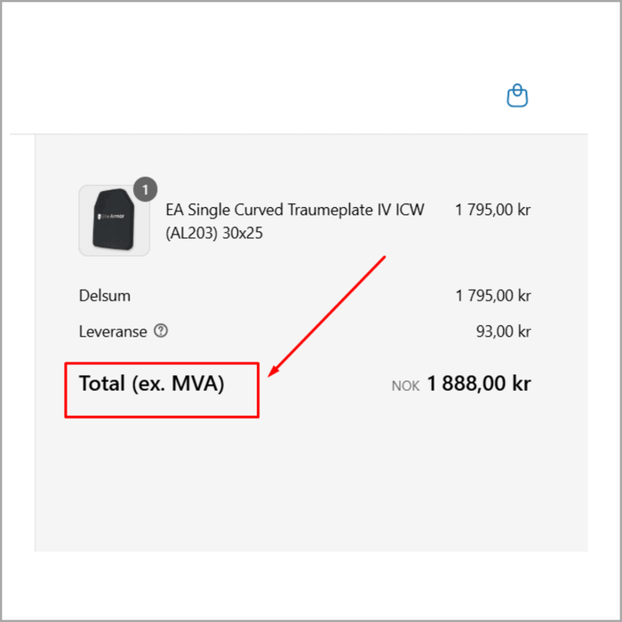 Billede af indkøbskurv med Total ekskl. MVA markeret. Produkt: EA Single Curved Trauma Plate IV ICW, pris 1.888,00 NOK.