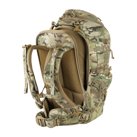M-Tac Rygsæk Gen. III Elite – Small i slidstærk Cordura med MOLLE LASER CUT-system, front- og sidevisning, flercamouflage design.