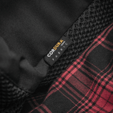 Nærbillede af M-Tac Rygsæk Gen. II Elite – Small CORDURA stof detalje og rødternet mønster indvendigt.