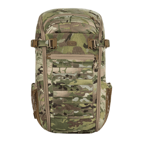 M-Tac Rygsæk Gen. II Elite – Small med MOLLE-paneler og kompressionsremholder i camouflage-design, set forfra.