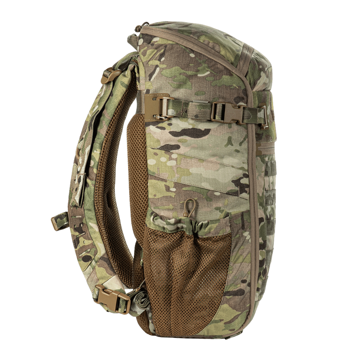 M-Tac Rygsæk Gen. II Elite – Small, kamuflagedesign med mesh-lommer og MOLLE-paneler, praktisk til nem pakning og sikker opbevaring.