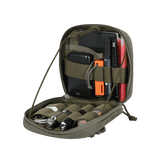 M-Tac organizer pouch Elite, taktisk holder med M.O.L.L.E.-system til førstehjælpsudstyr og EDC-sæt, åben i 90 grader.