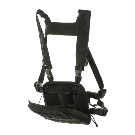 M-Tac Chest Rig Elite i sort med MOLLE Laser Cut panel, H-sele og Velcro, perfekt til EDC og taktiske anvendelser, materiale Cordura 500.