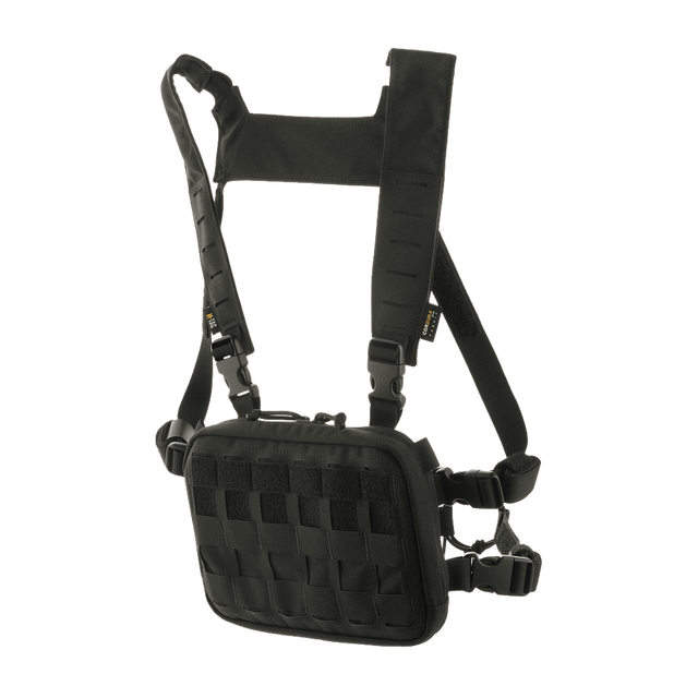 M-Tac Chest Rig Elite med MOLLE Laser Cut paneler og H-sele, perfekt til EDC og taktisk brug. Materiale: Cordura 500, dimensioner: 28x30x5 cm.