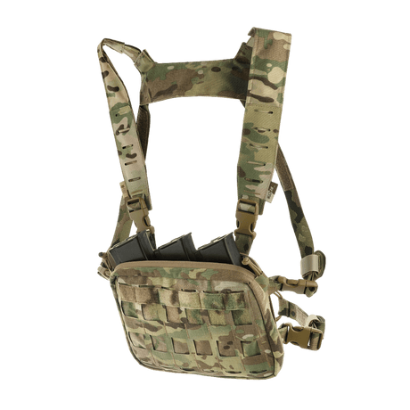 M-Tac Chest Rig Elite i kamouflage, alsidigt design med MOLLE Laser Cut panel og H-sele, perfekt til EDC og taktisk brug.