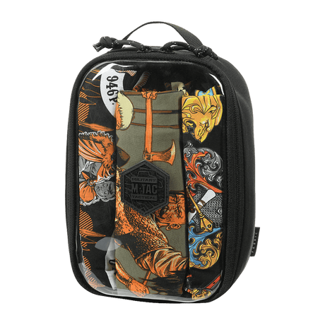 M-Tac Utility Organizer Transparent Elite Small Gen. II med farverigt mønster og gennemsigtigt frontpanel til gearopbevaring.