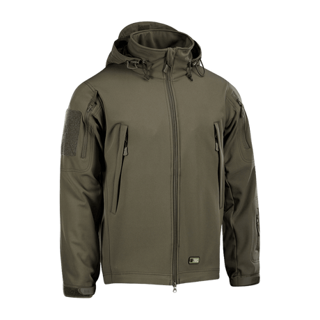 M-Tac Soft Shell Jakke med indre polyuretan-membran og fleece-lag mod dårligt vejr. Vind- og vandafvisende jakke i oliven.