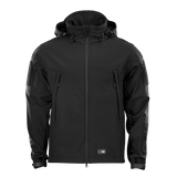 M-Tac Soft Shell Jakke i sort med en indre polyuretan-membran og fleece-lag, der beskytter mod dårligt vejr, lav vægt og isolering.