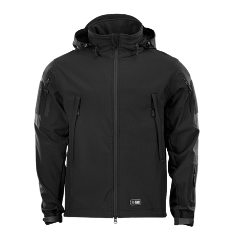 M-Tac Soft Shell Jakke i sort med en indre polyuretan-membran og fleece-lag, der beskytter mod dårligt vejr, lav vægt og isolering.