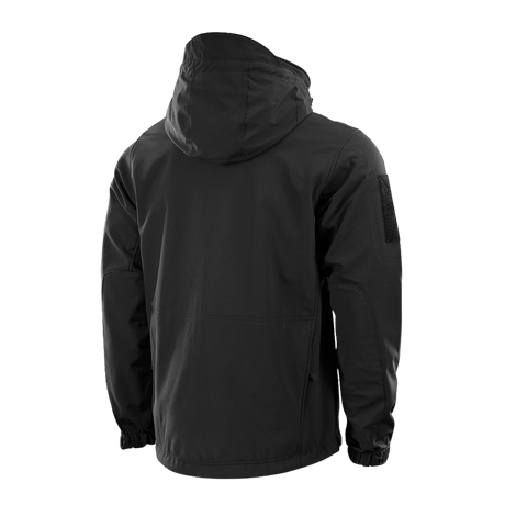 M-Tac Soft Shell Jakke i sort med polyuretan-membran, set bagfra med fleece-lag og vejrbeskyttelse, perfekt til udendørs aktiviteter.