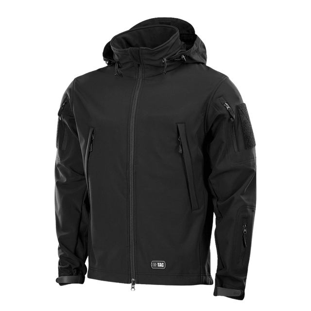 M-Tac Soft Shell Jakke i sort med indre polyuretan-membran og fleece-lag, vejrbestandigt og letvægtsdesign.