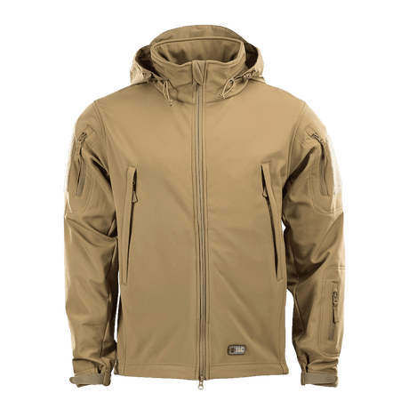 M-Tac Soft Shell Jakke i tan med polyuretan-membran og fleece-lag designet til beskyttelse mod dårligt vejr.