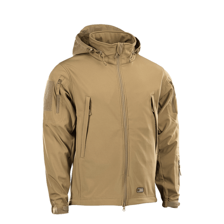 M-Tac Soft Shell Jakke i beige med hætte og lynlåslommer, ideel til beskyttelse mod vejr takket være polyuretan-membranen.