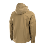 M-Tac Soft Shell Jakke set bagfra med hætte og robuste sømme, ideel til beskyttelse mod dårligt vejr.