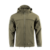 M-Tac Soft Shell Police Jakke i grøn med justerbar hætte og vindafvisende materiale til beskyttelse i alle vejrforhold.