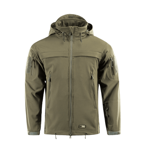 M-Tac Soft Shell Police Jakke i grøn med justerbar hætte og vindafvisende materiale til beskyttelse i alle vejrforhold.
